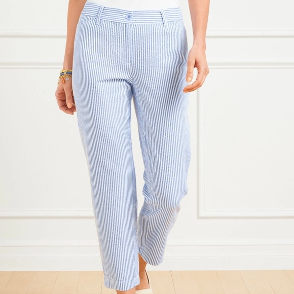 Talbots Seersucker The Perfect Crop Pant Cropped Pants Blue White Stripe Size 8P - Picture 1 of 12